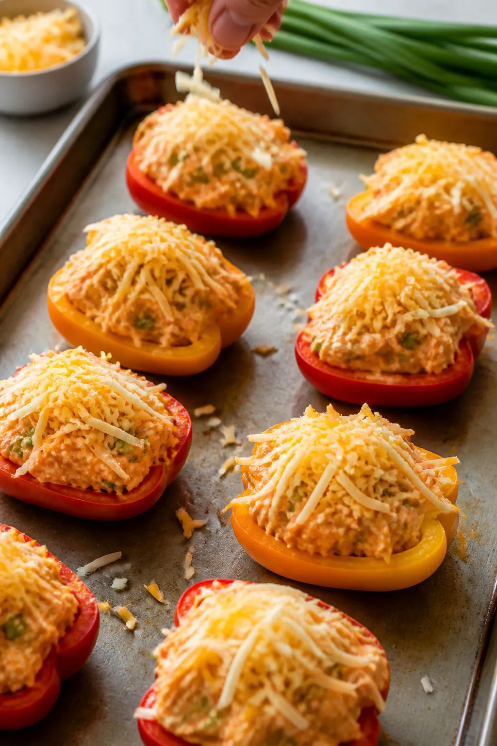 Cooking process: The stuffing step in action—pepper halves already filled and mounded on a baking 