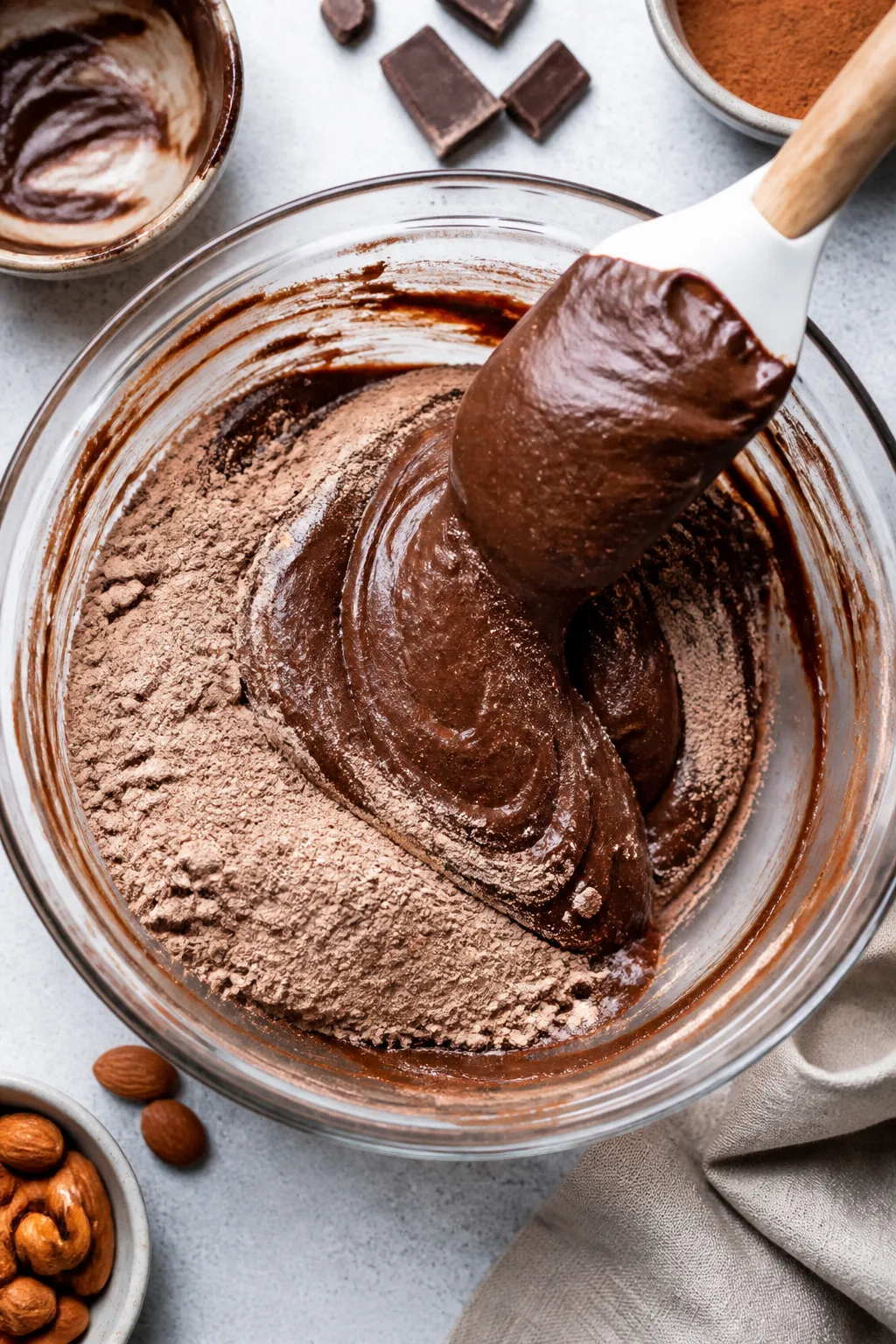 Cooking process: Warm, melted base being stirred in a heatproof glass bowl—almond butter, butter, 
