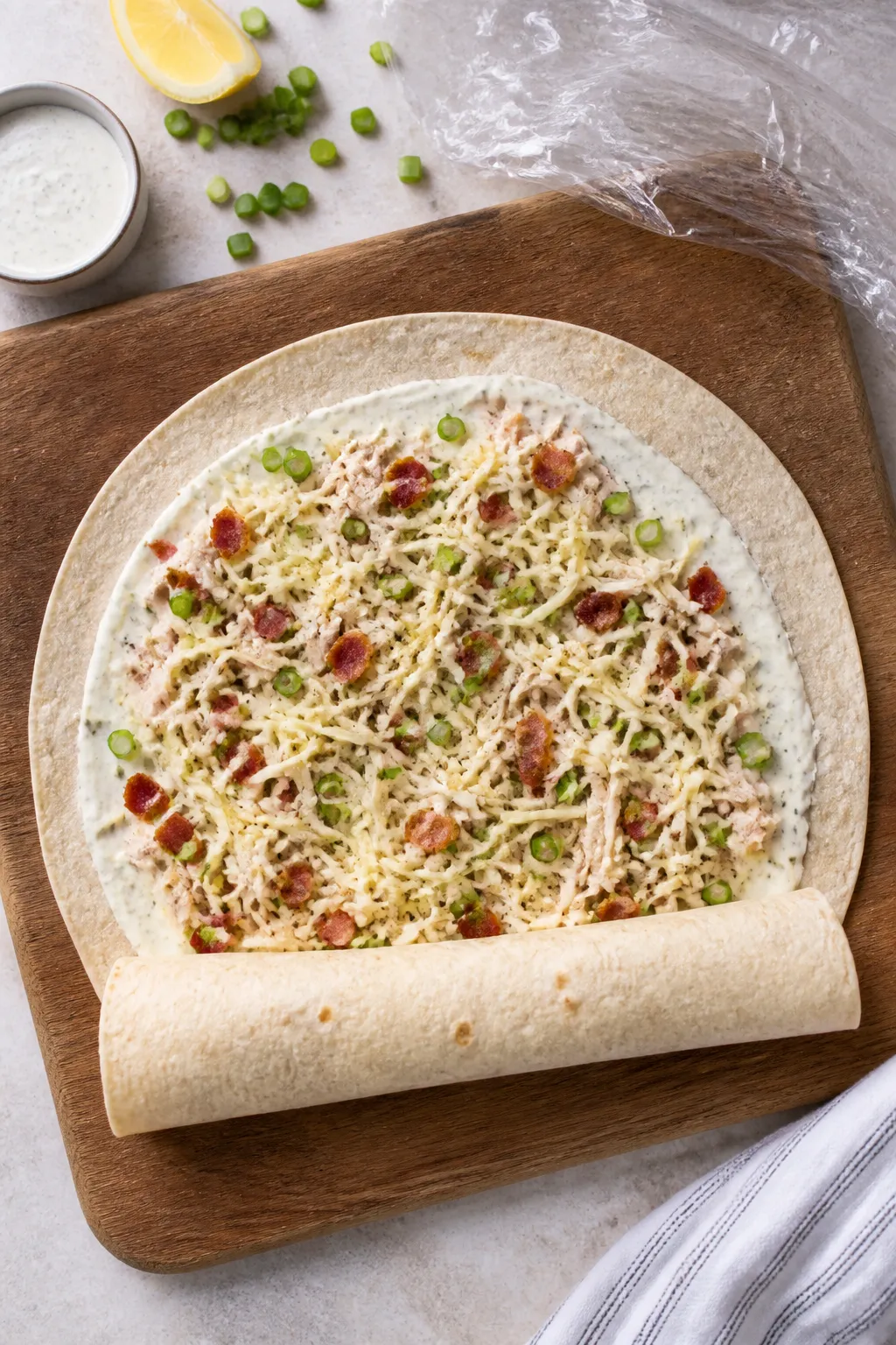 Cooking process: Warmed low-carb tortilla on a board being spread edge-to-edge with a thin, even lay