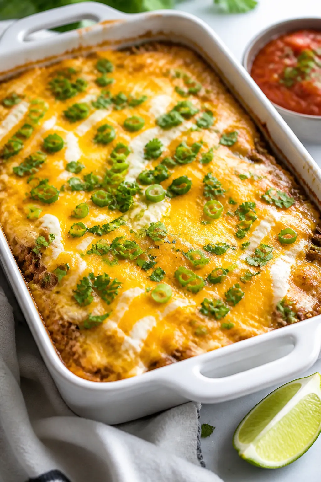 Final casserole beauty shot: Keto taco casserole just out of the oven in a 9x13 dish, cheese melted