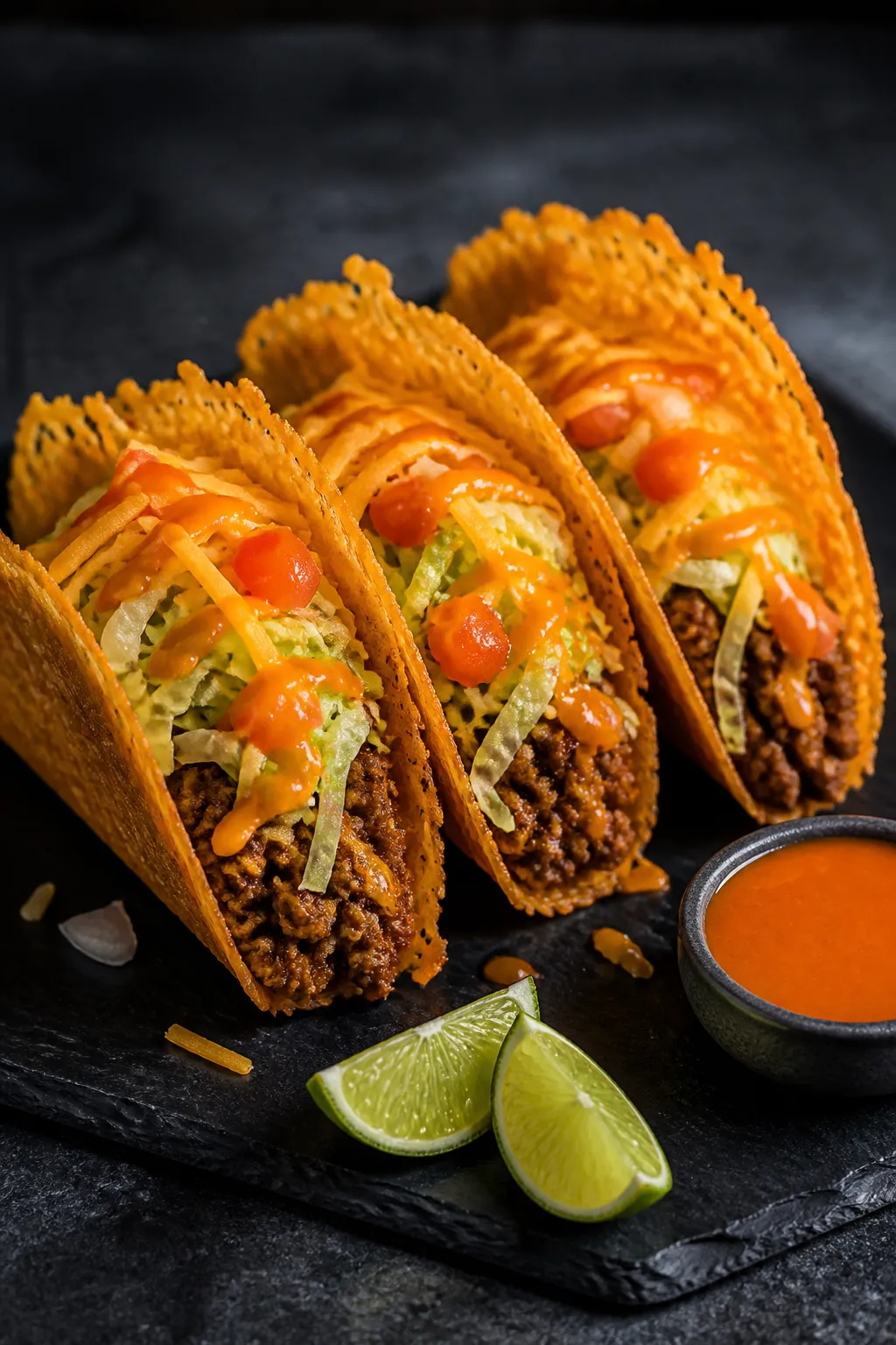 Final dish hero shot: Keto Taco Bell copycat tacos with crisp baked cheese shells standing upright o