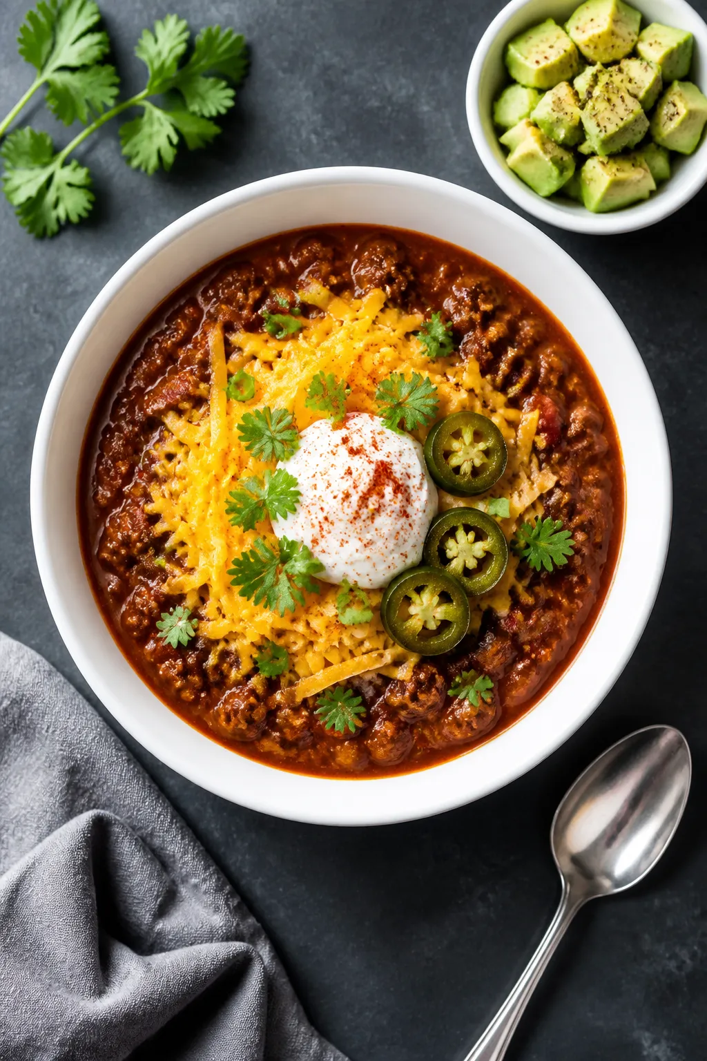 Final dish, overhead restaurant presentation: Overhead shot of a finished bowl of keto chili topped