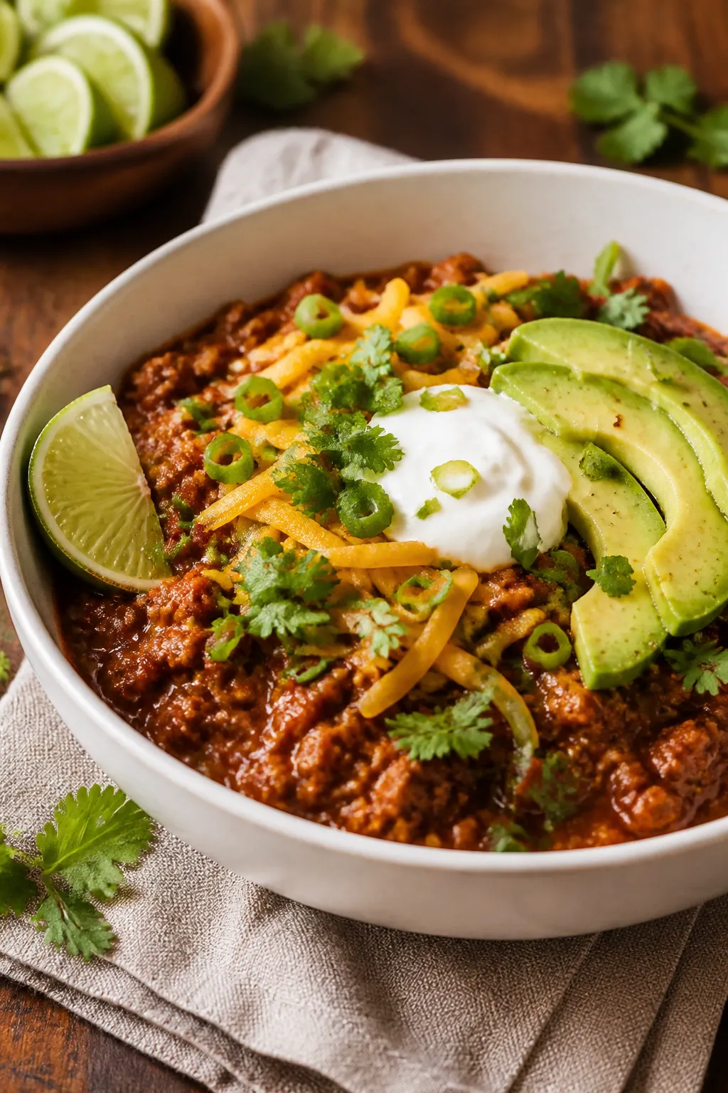 Final dish presentation: A cozy bowl of keto chili with ground chicken served in a wide, off-white c