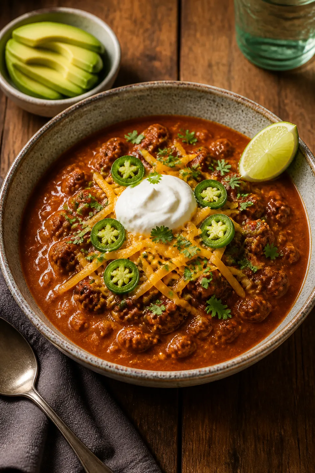 Final dish presentation: A deep ceramic bowl of creamy keto beef chili plated on a rustic wood table