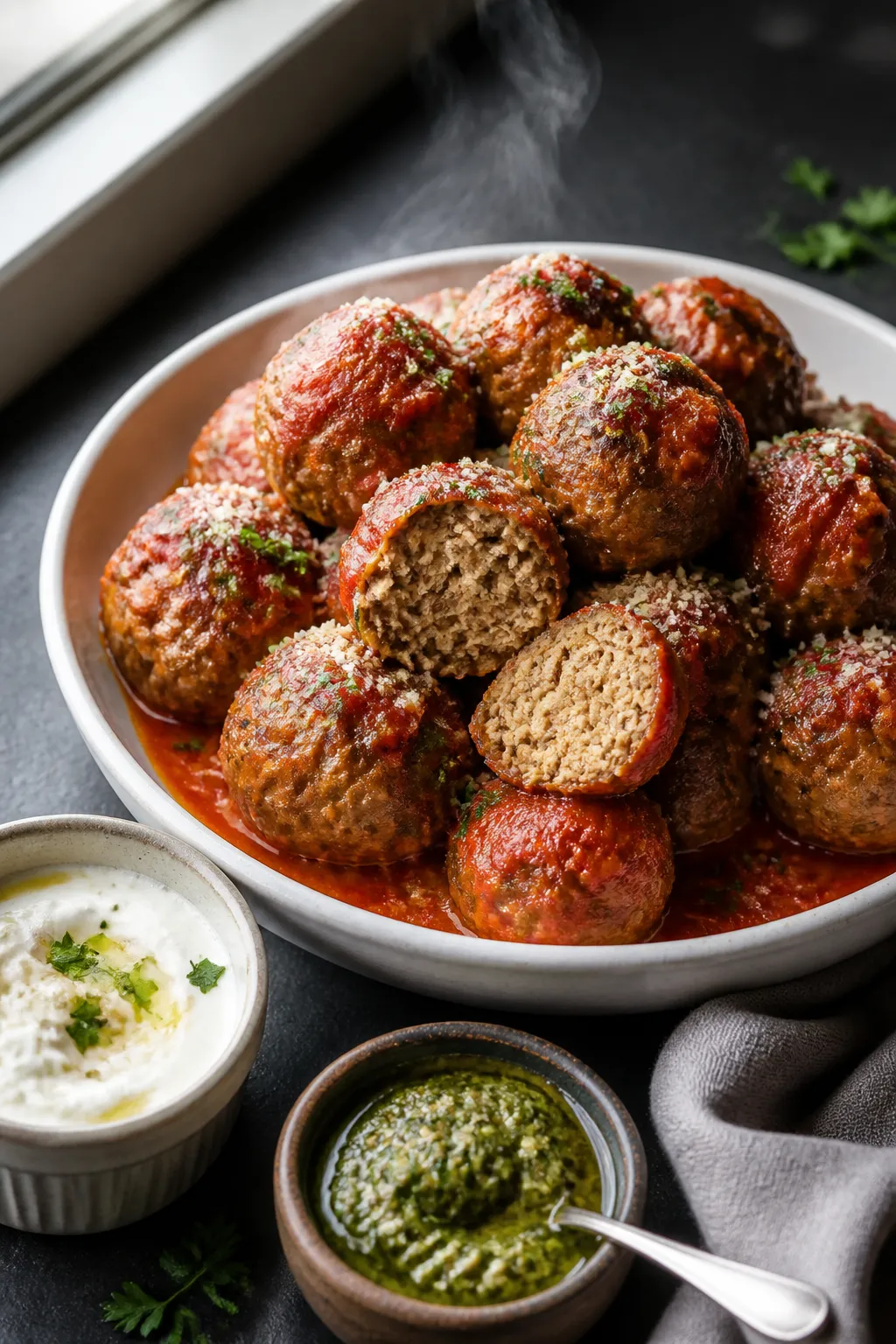 Final dish presentation: A small mountain of high protein keto meatball bites arranged in a shallow 