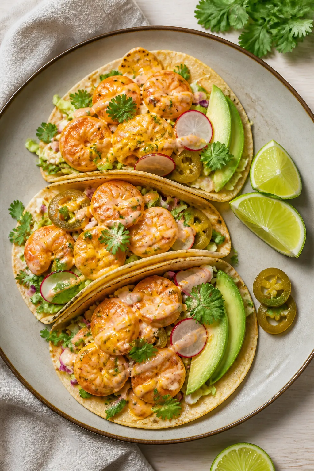 Final dish presentation: Beautifully plated keto bang bang shrimp tacos on a matte ceramic plate—l