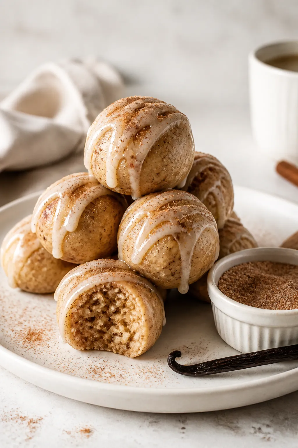 Final dish presentation: Beautifully plated keto cinnamon roll protein bites on a matte white desser