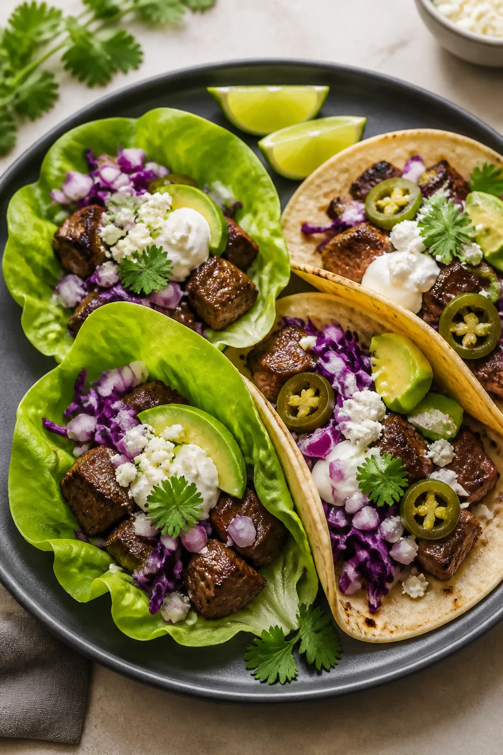 Final dish presentation: Garlic Butter Steak Keto Tacos assembled in butter lettuce cups and low-car