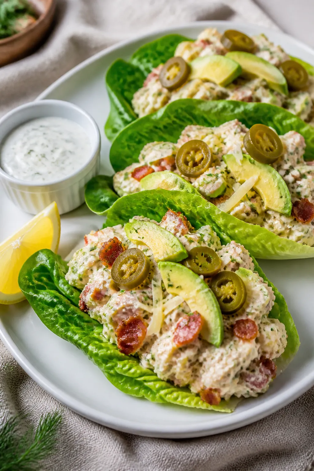 Final dish presentation: Keto Chicken Bacon Ranch Tacos assembled in sturdy romaine lettuce shells,
