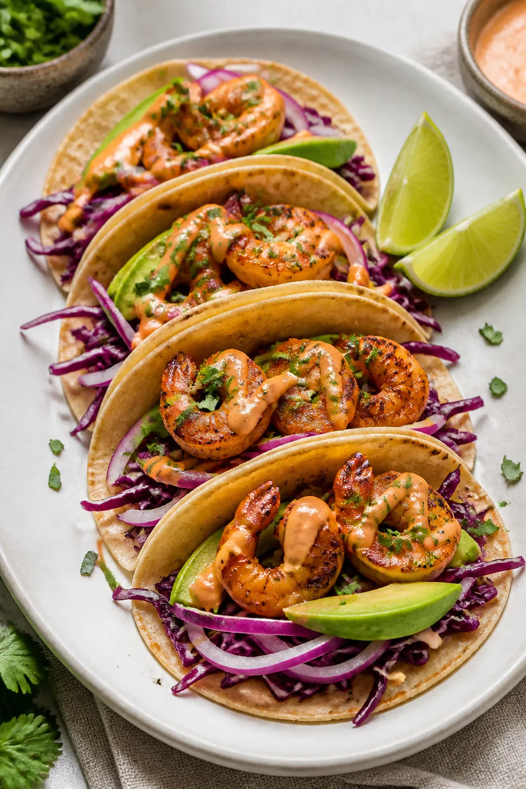 Final dish presentation: Keto garlic lime shrimp tacos assembled on warm low-carb tortillas, layered