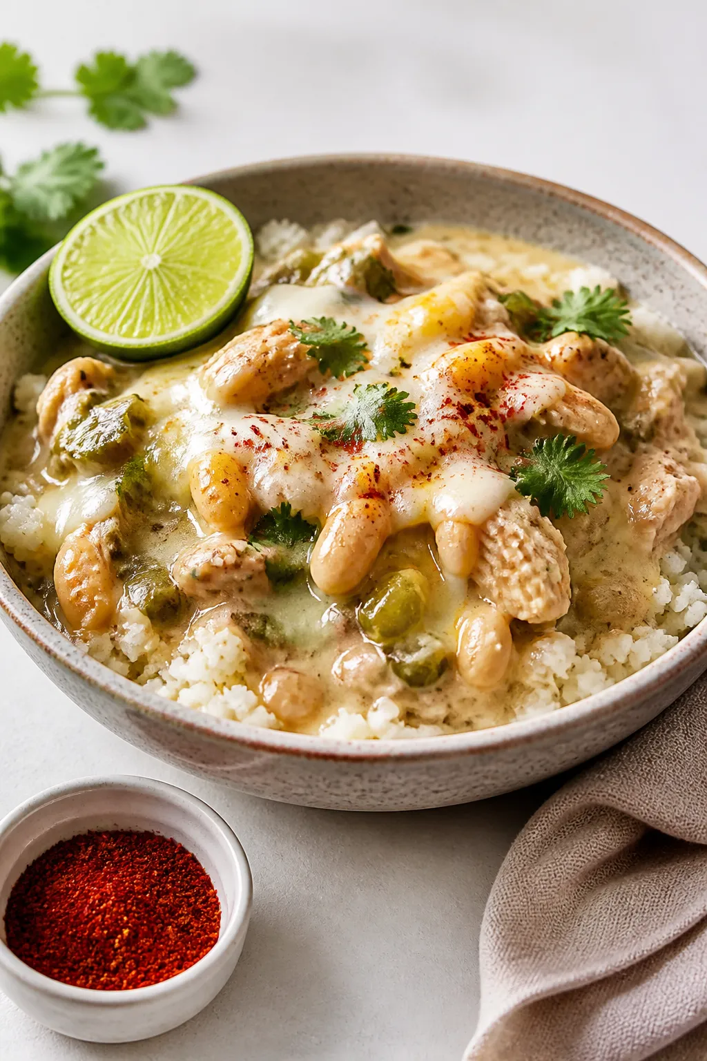 Final dish presentation: Keto white chicken chili ladled over warm cauliflower rice in a shallow sto