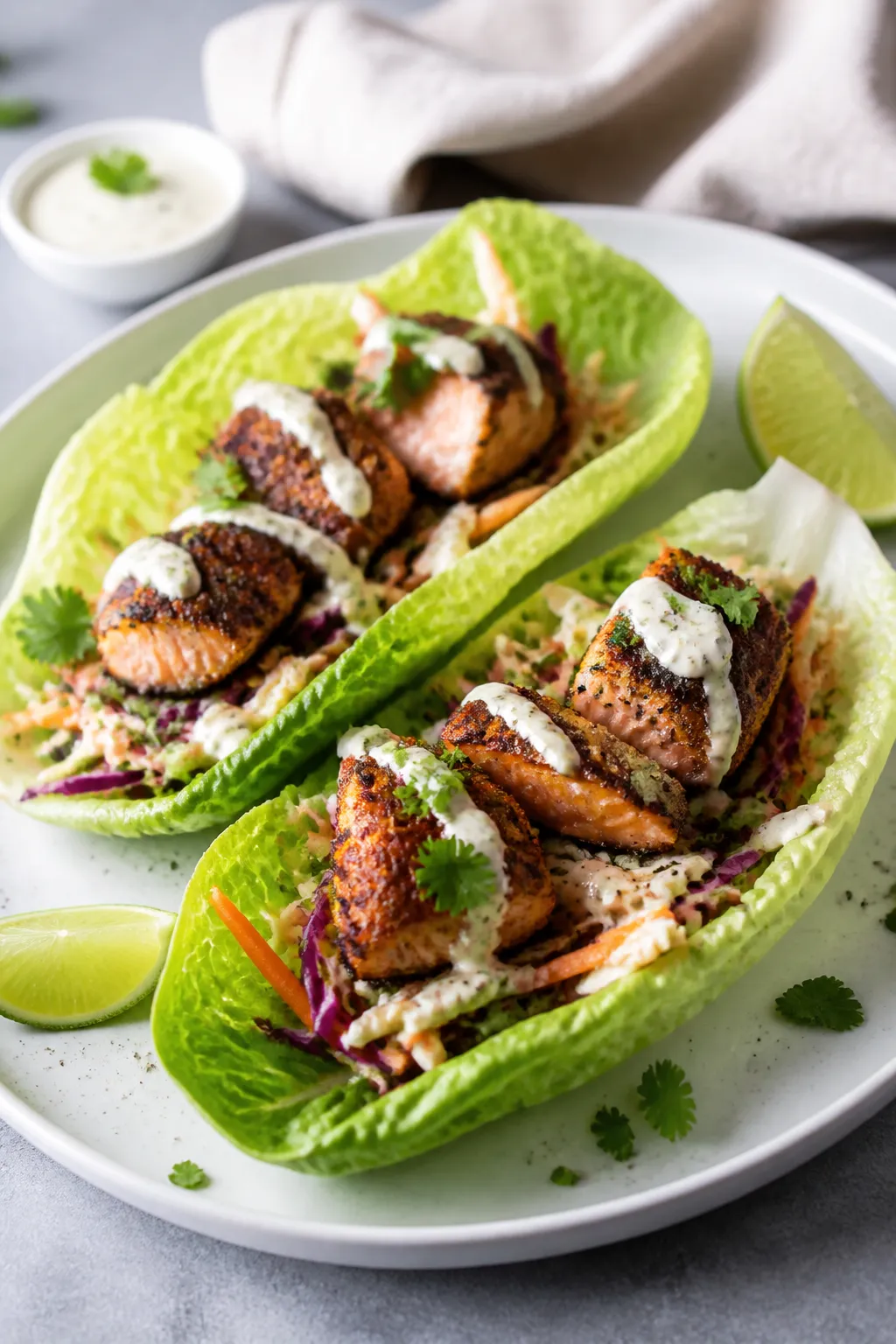 Final dish presentation: Lettuce-wrap salmon tacos plated restaurant-style on a white oval plate, tw