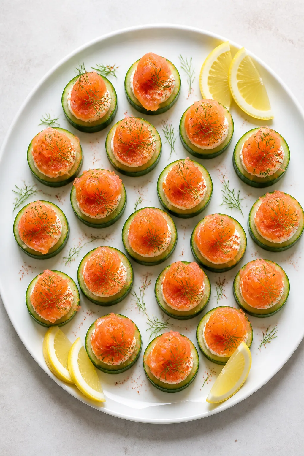 Final dish presentation: Overhead shot of a party-ready platter of Keto Salmon Cucumber Bites arrang
