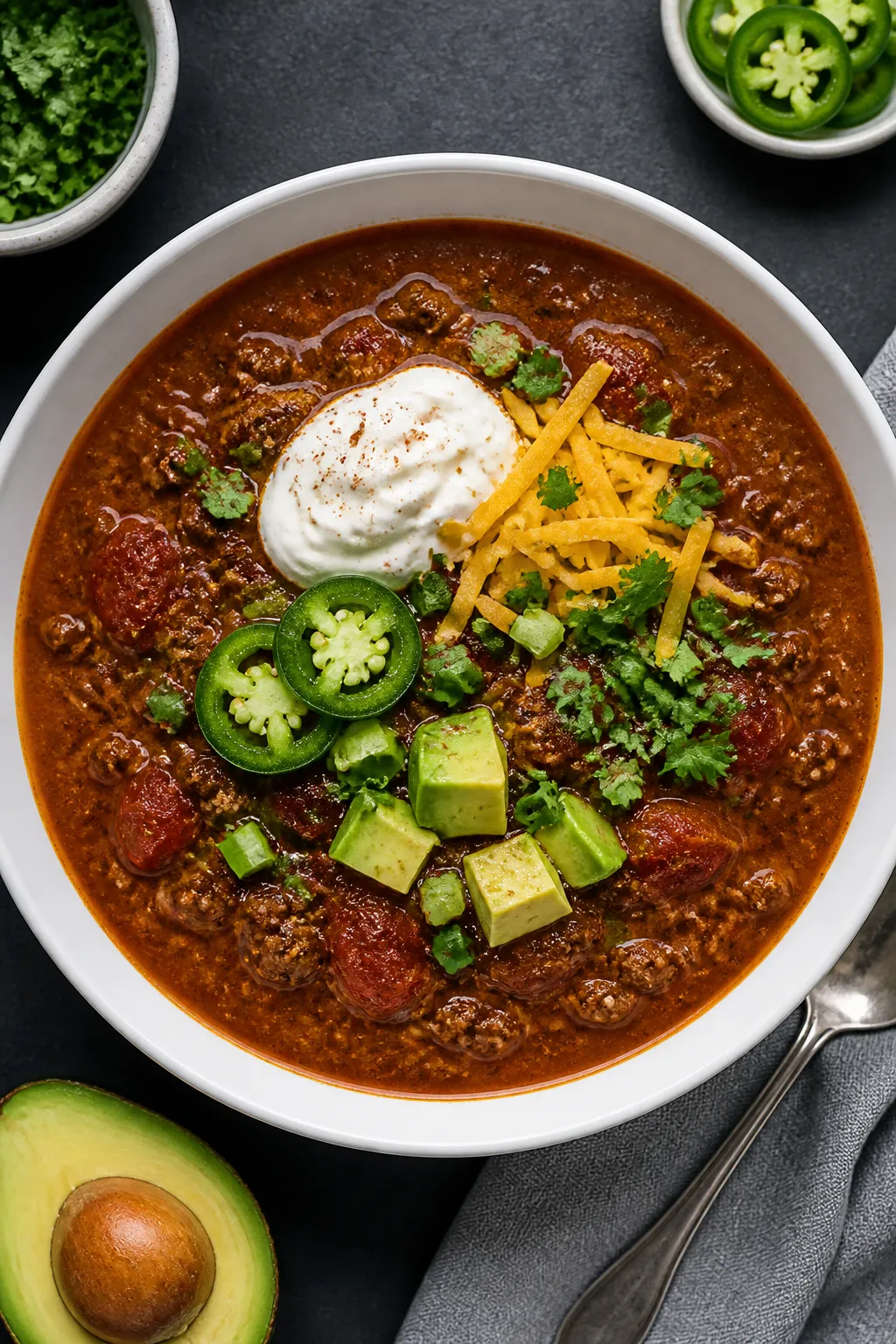 Final dish presentation: Restaurant-quality bowl of keto chili soup plated in a wide, shallow white 
