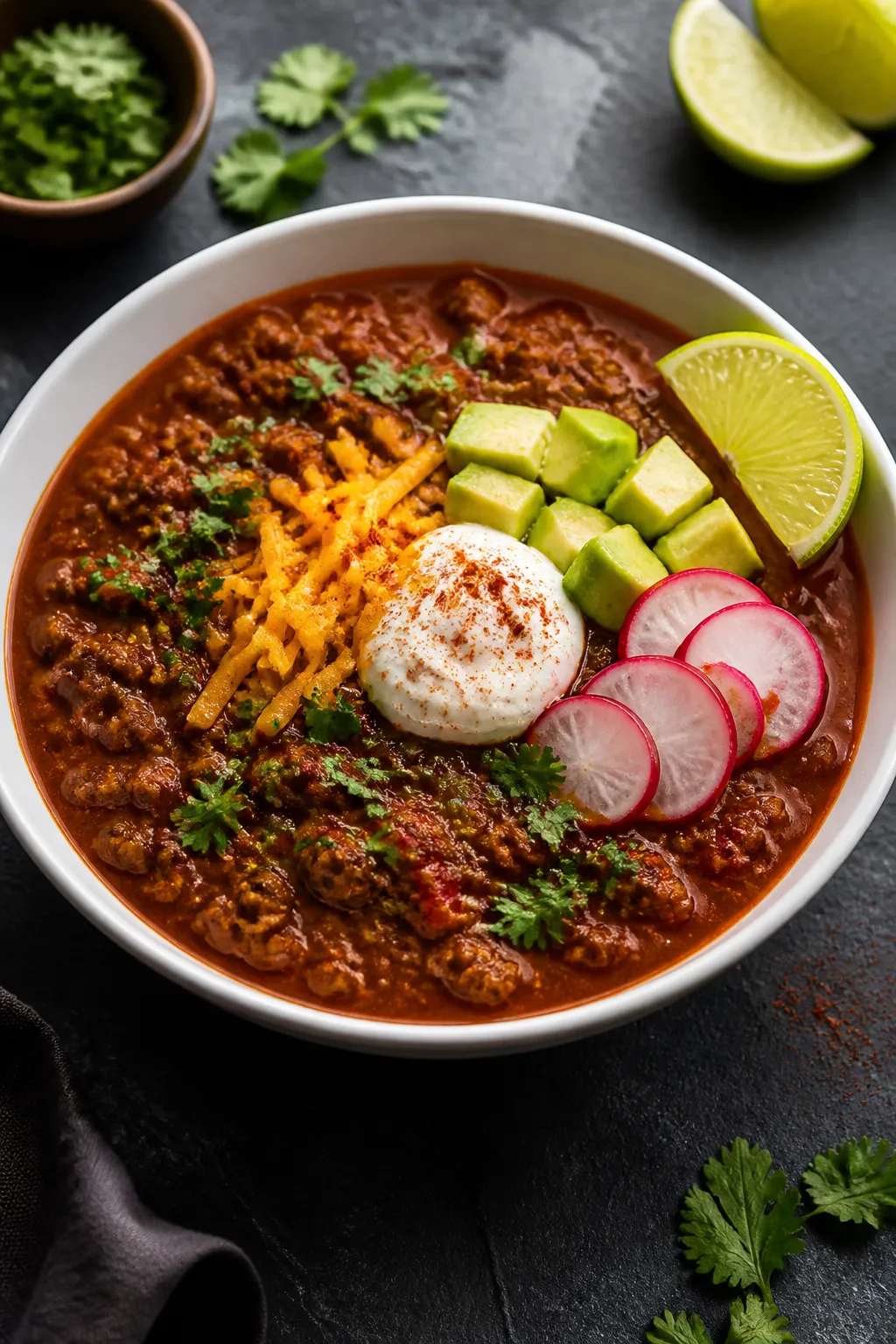 Final dish presentation: Restaurant-quality bowl of Keto Mexican Chili served thick and hearty, topp