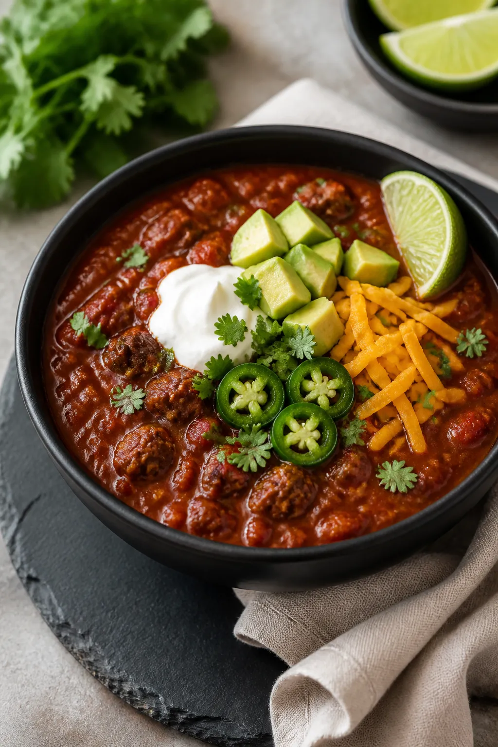Final dish presentation: Restaurant-quality bowl of Keto Smoky Chipotle Chili, thick and velvety wit