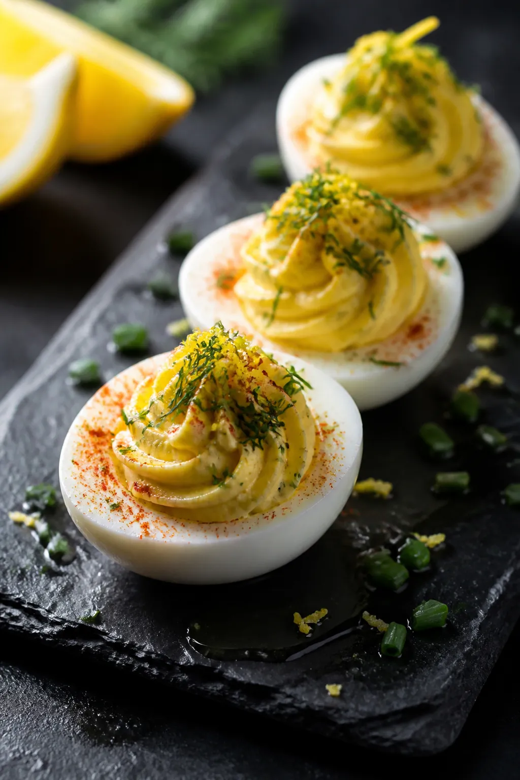 Final dish presentation: Restaurant-quality close-up of three deviled eggs plated on a dark slate bo