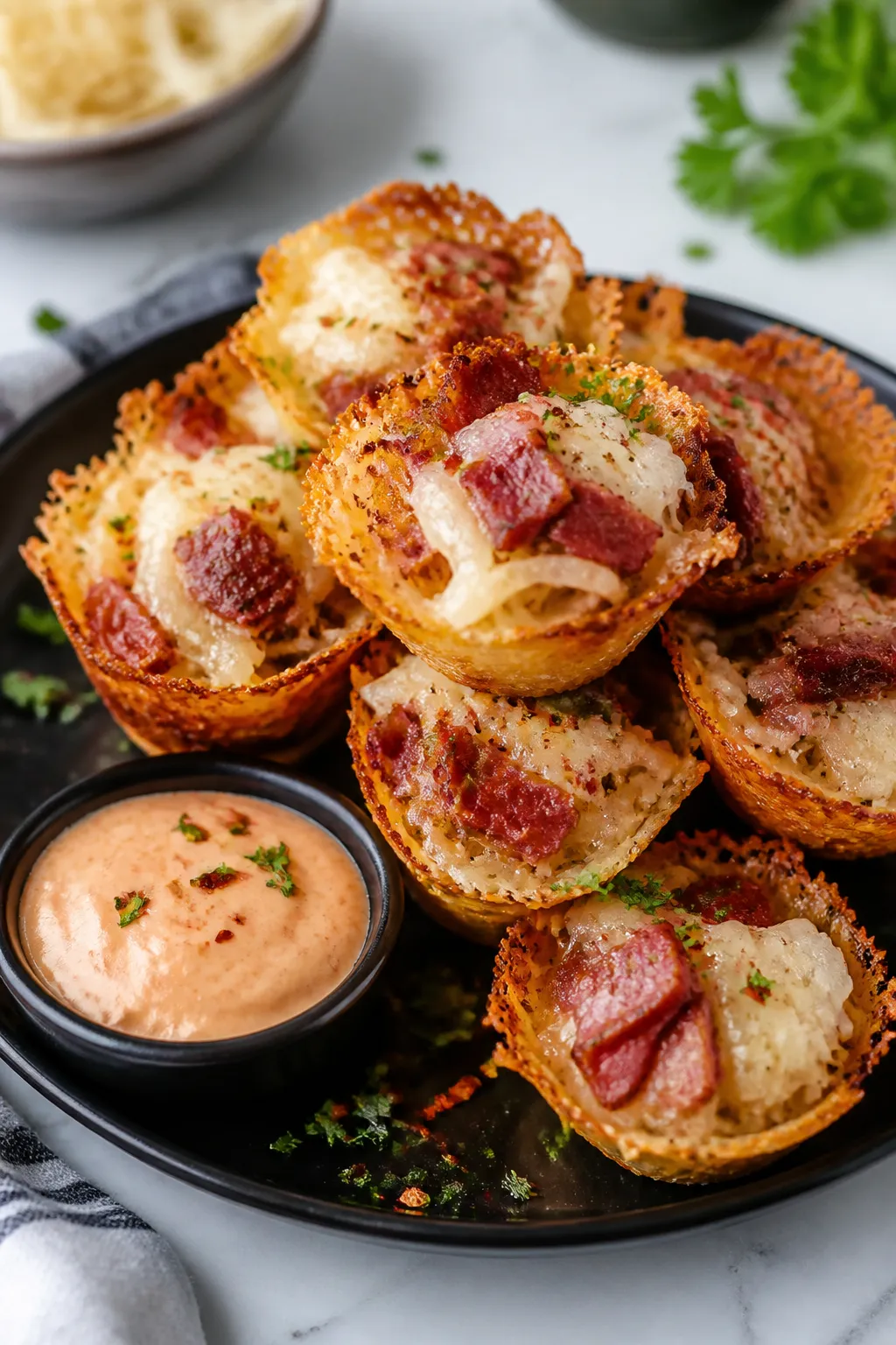 Final dish presentation: Restaurant-quality plate of Reuben Bites stacked artfully on a matte black