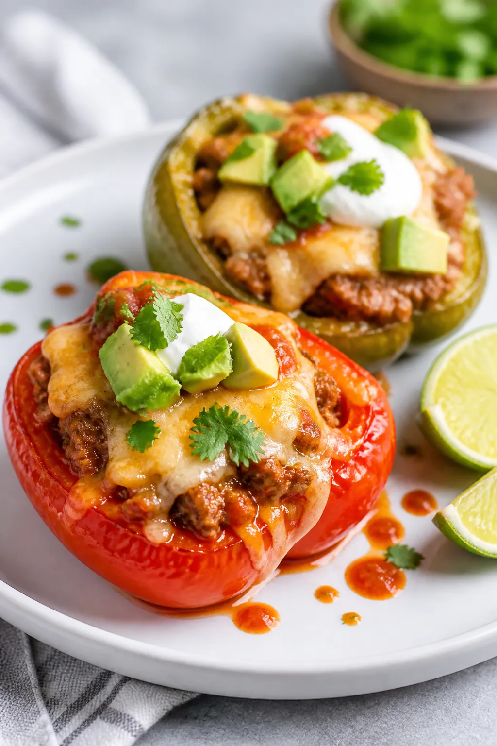 Final dish presentation: Restaurant-quality plate of finished keto taco stuffed peppers (one red, on