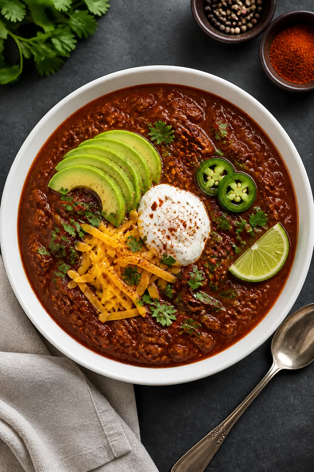 Final dish presentation: Restaurant-quality plated Keto Brisket Chili in a wide, shallow white bowl,