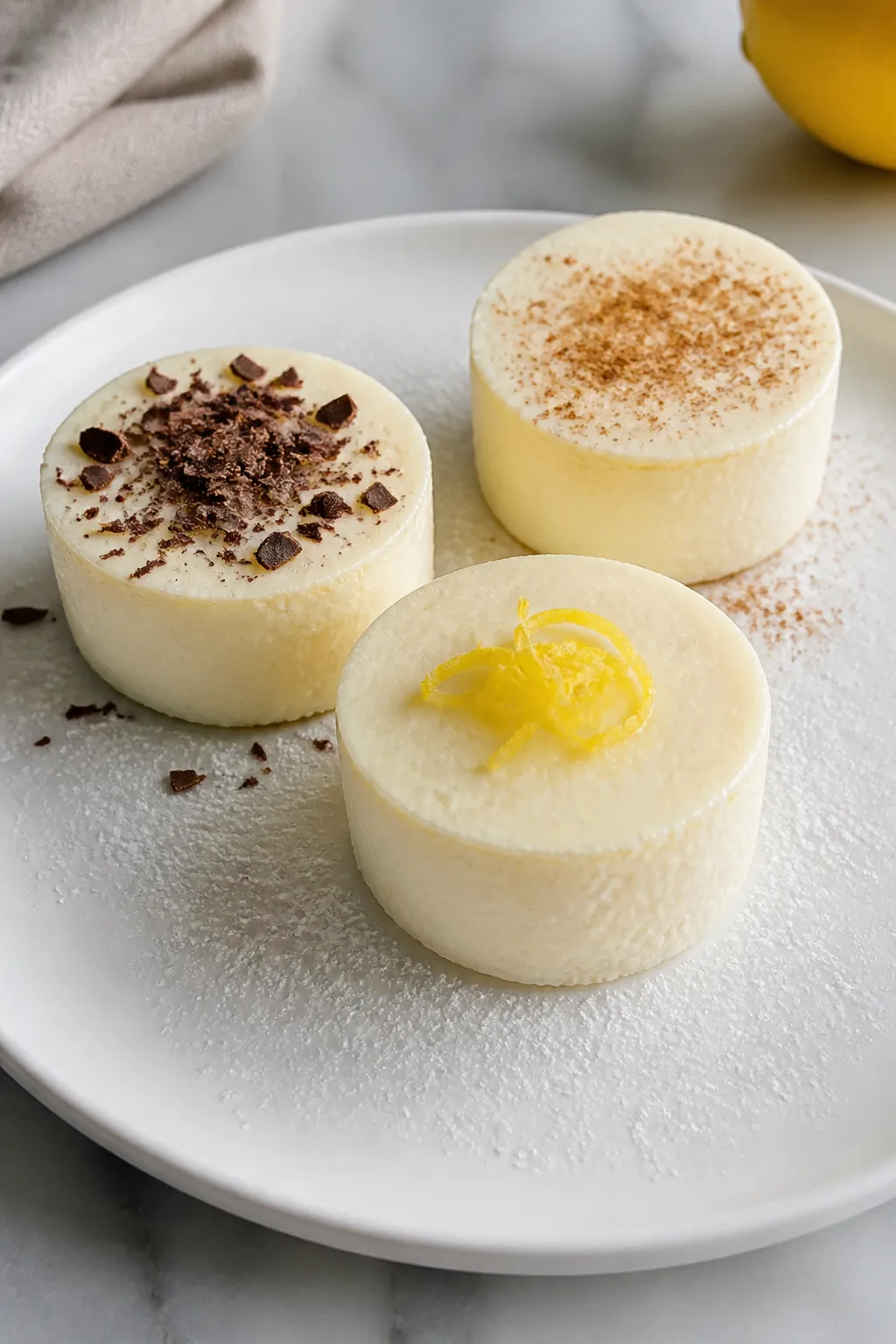 Final dish presentation: Restaurant-quality plated trio of Keto Vanilla Cheesecake Protein Cups with