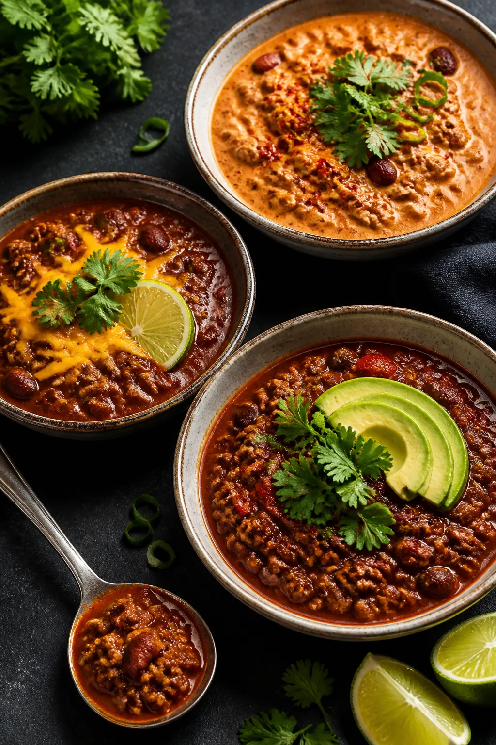 Final dish presentation: Restaurant-quality plated chili trio for meal-prep inspiration—three shal
