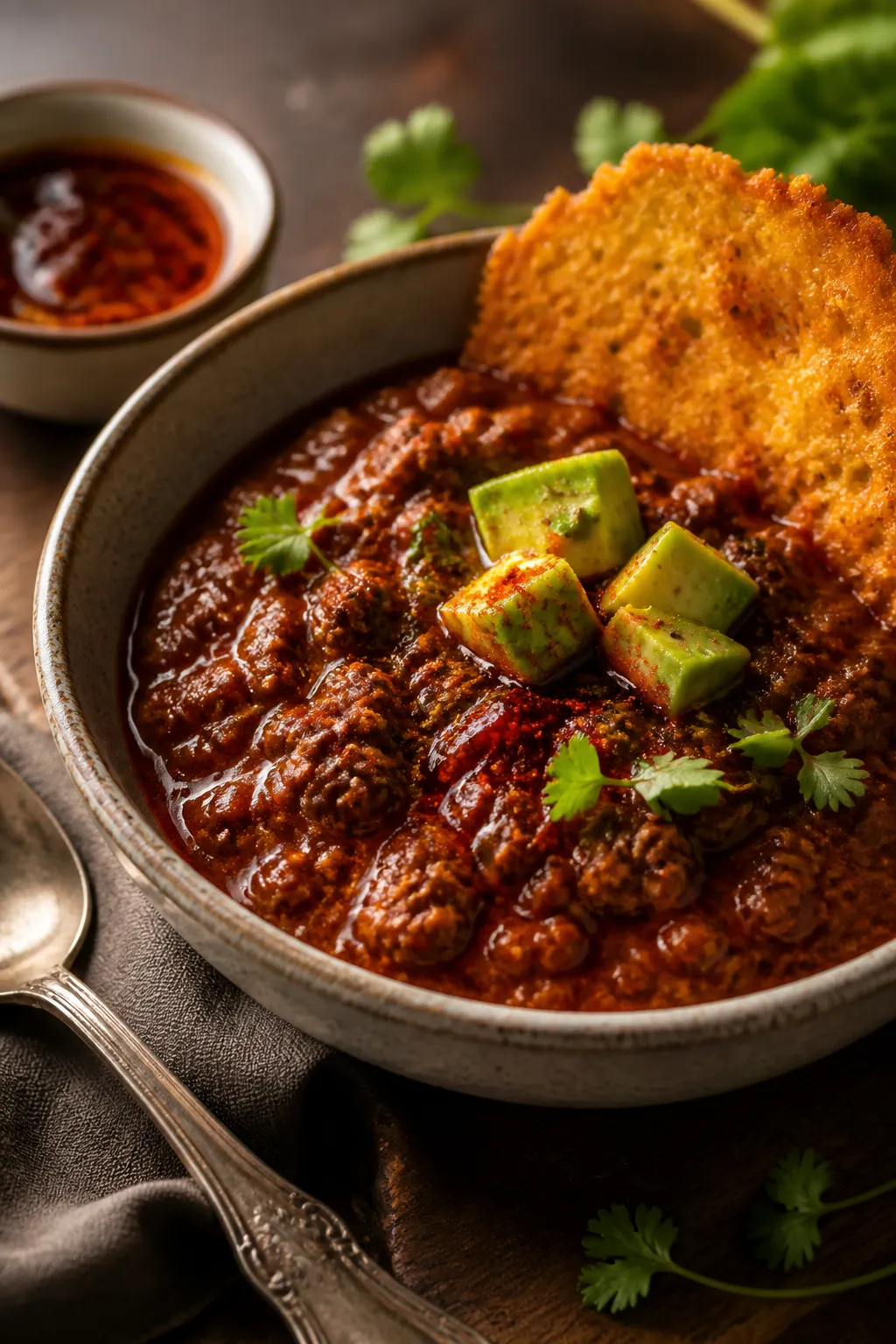 Final dish presentation: Restaurant-quality plating of keto chili reduced to a hearty, spoon-coating