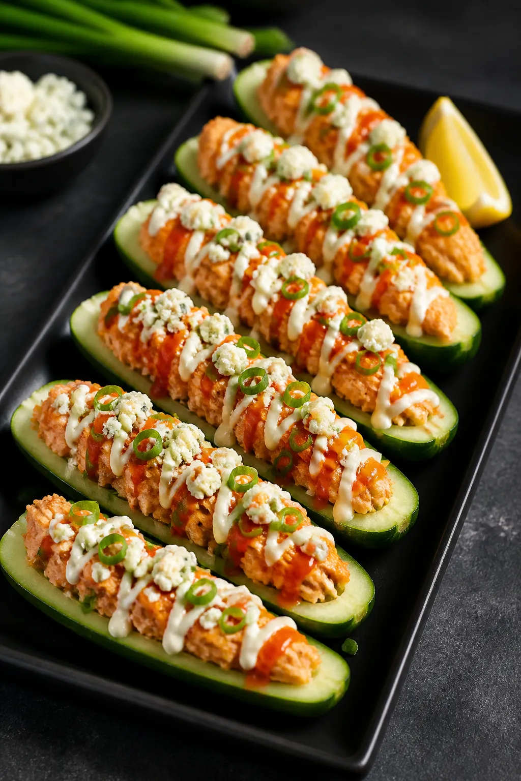 Final dish presentation: Restaurant-quality platter of finished Buffalo Chicken Cucumber Boats arran