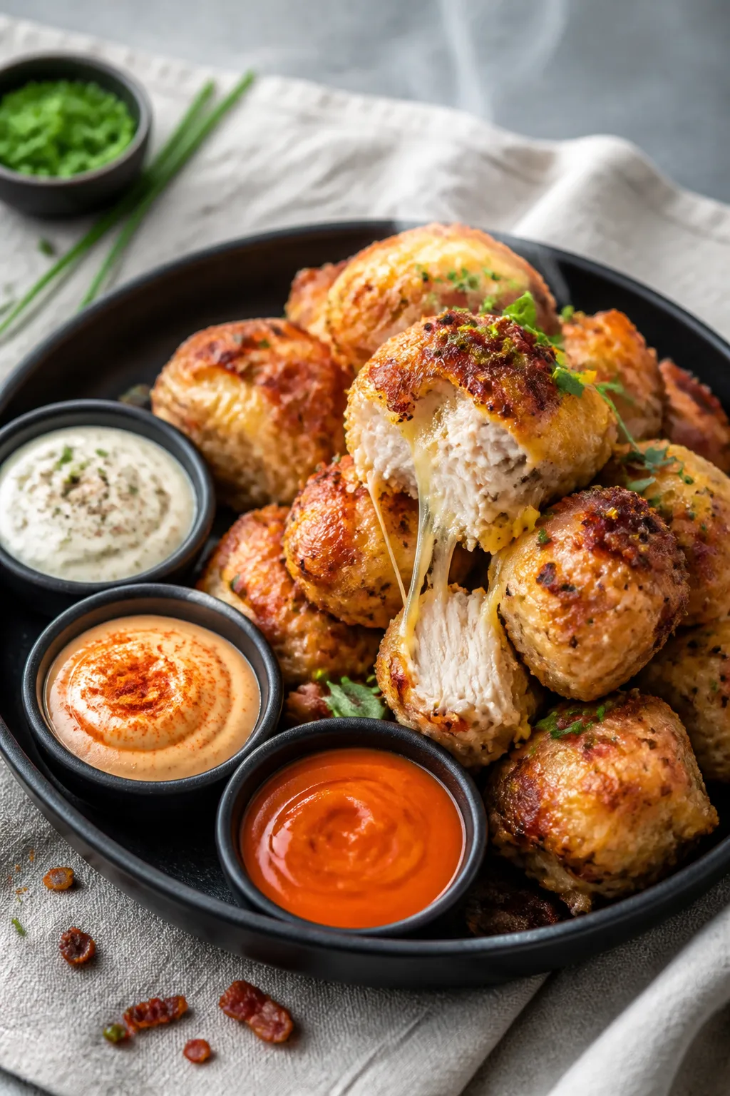 Final dish presentation: Restaurant-quality platter of finished keto chicken crack bites stacked in 