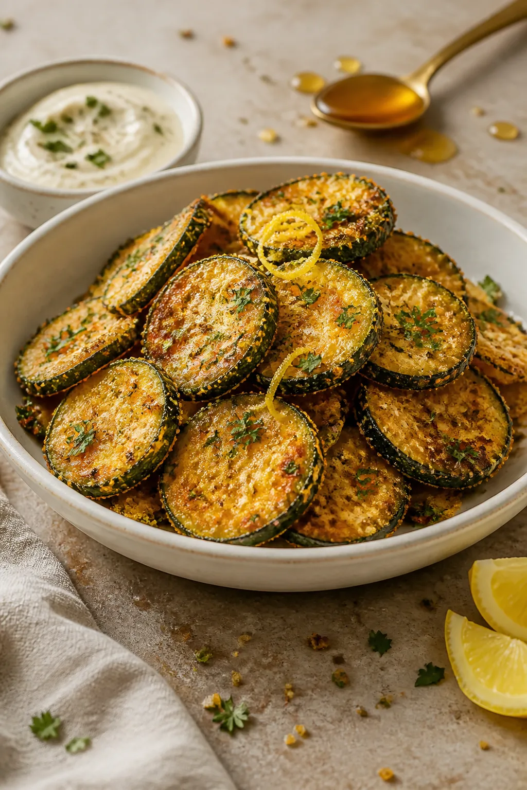 Final dish presentation: Restaurant-quality serving of Crispy Parmesan Zucchini Chips stacked casual