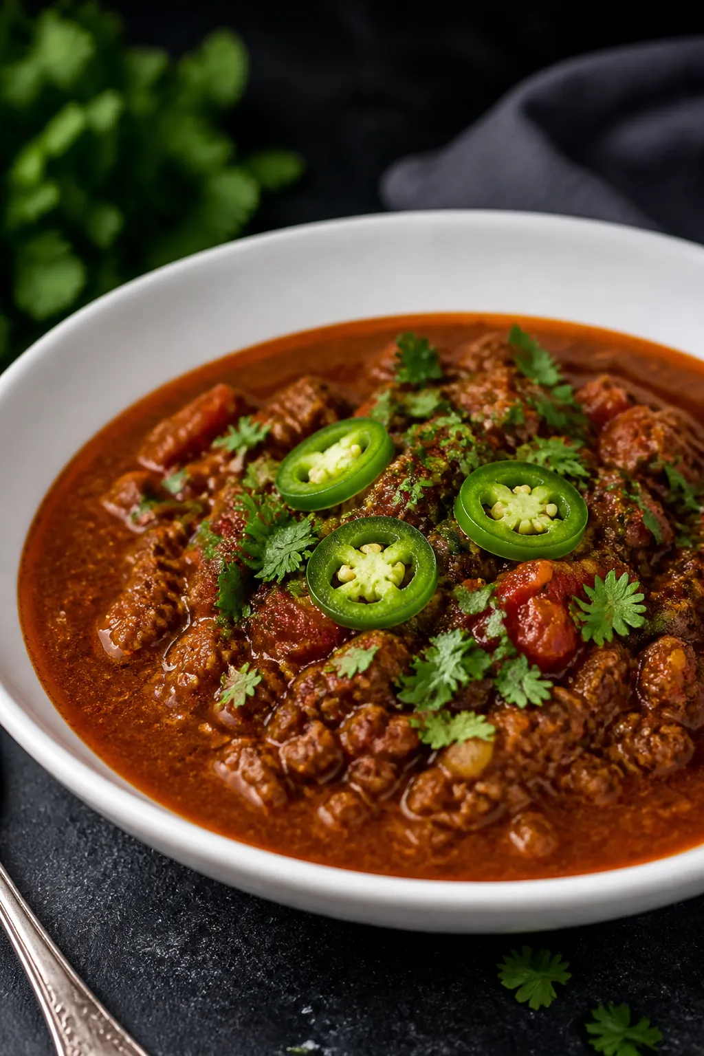 Final dish presentation: Three-quarter angle hero shot of Keto Instant Pot Chili plated in a wide, w