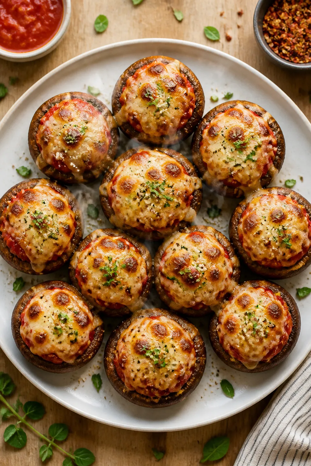 Final dish presentation, top-down: A platter of finished High Protein Pizza Stuffed Mushrooms arrang