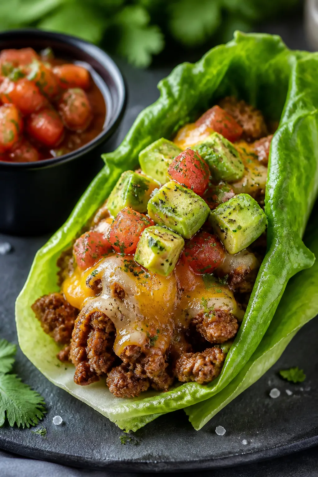 Final plated beauty: Close-up hero image of a single loaded lettuce wrap being cradled by another le