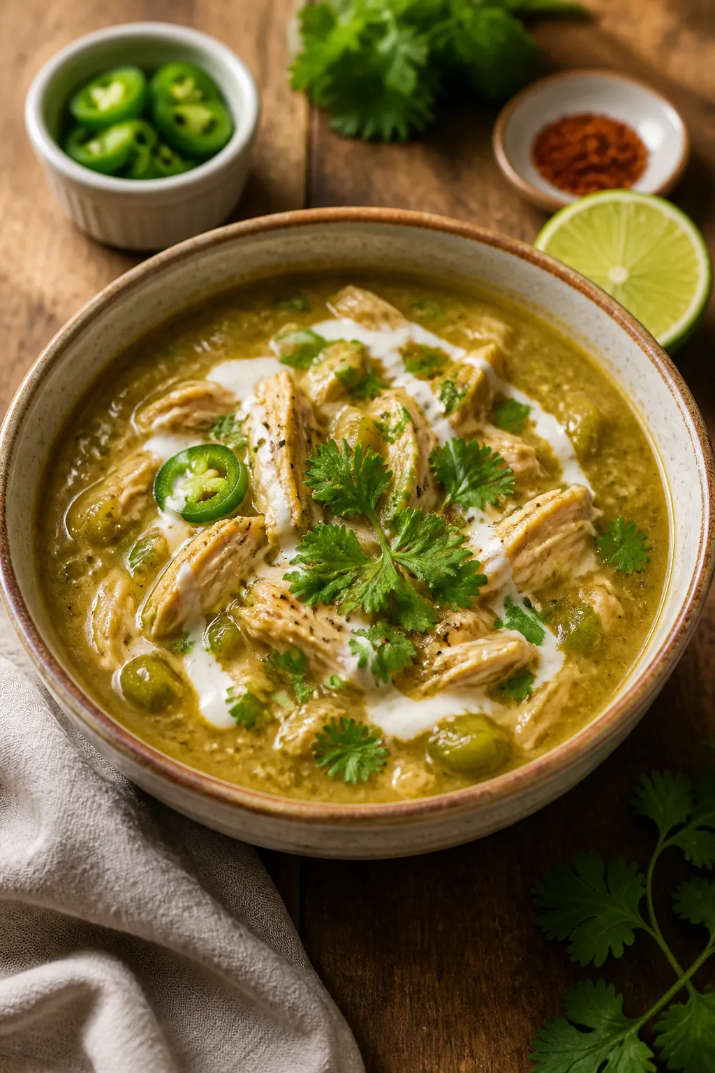 Final plated beauty: Restaurant-quality presentation of Keto Green Chile Chicken Chili in a rustic c