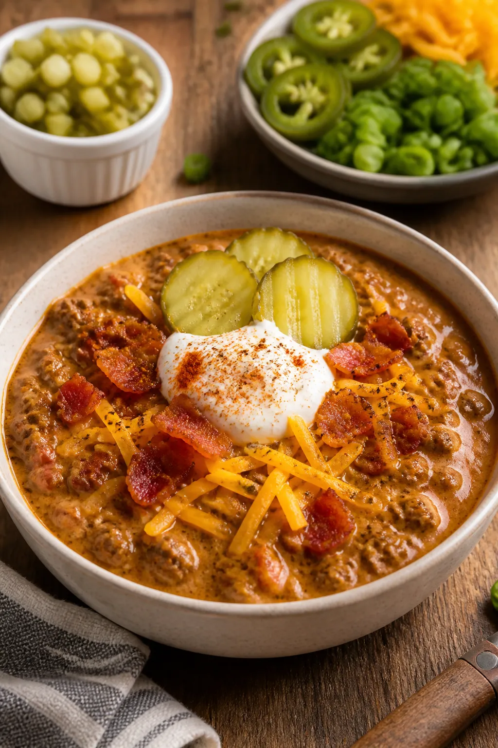 Final plated beauty shot: A hearty bowl of Keto Bacon Cheeseburger Chili, rich and meaty with a glos