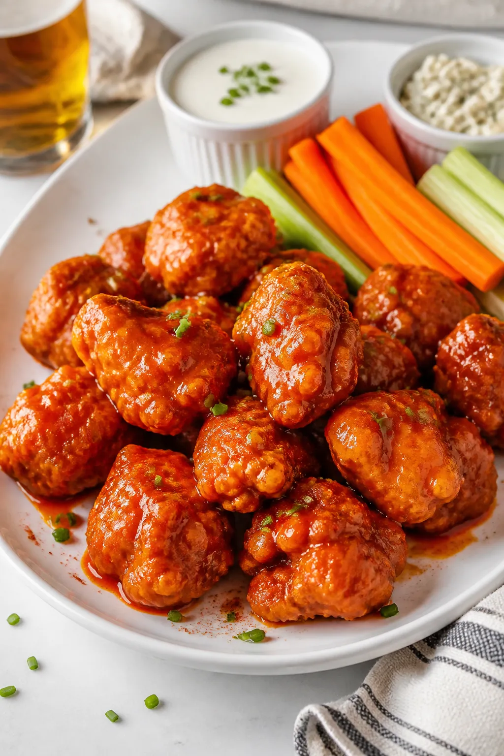 Final plated beauty shot: Buffalo chicken bites freshly tossed in glossy sauce (Frank’s-style red-