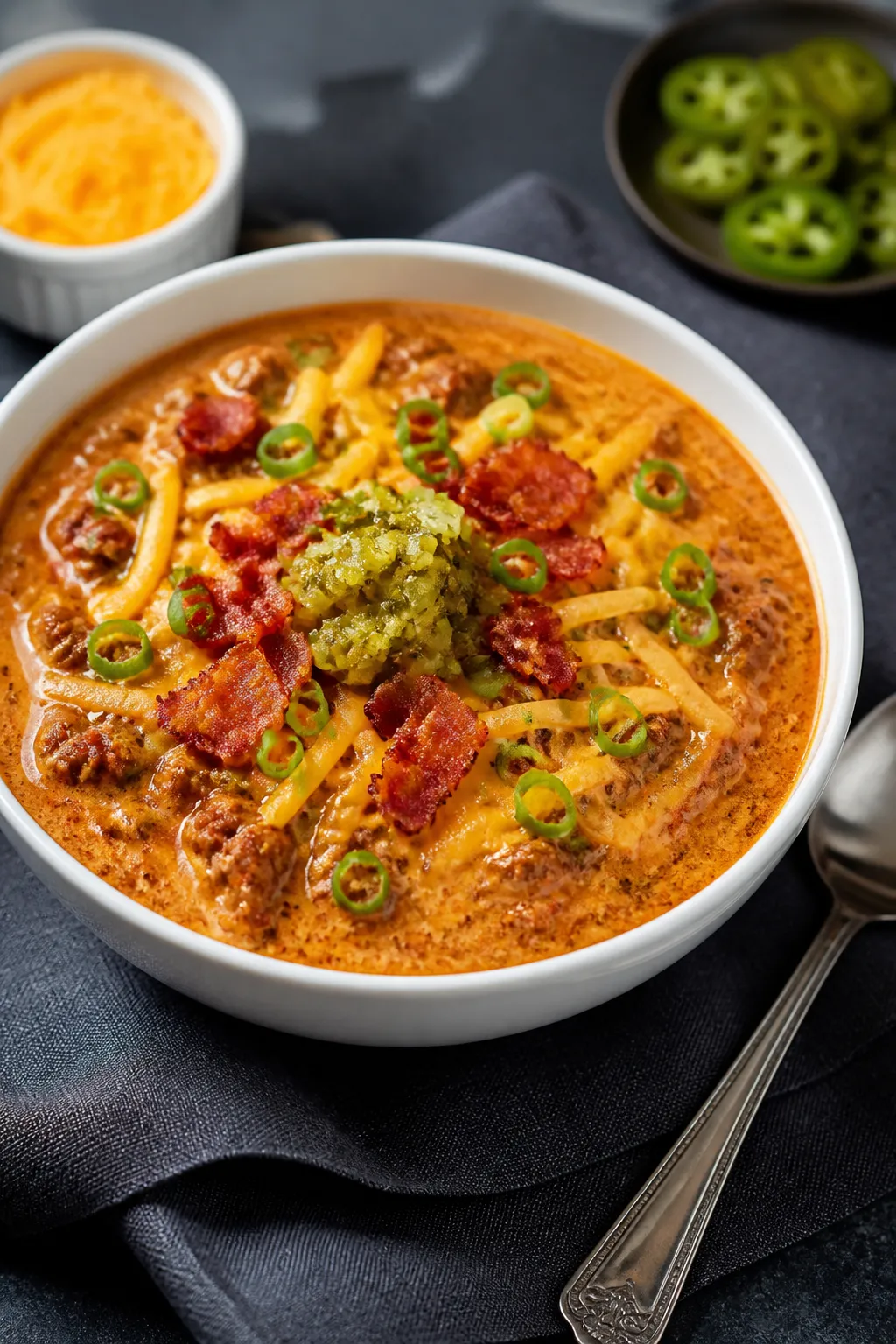 Final plated beauty shot: Restaurant-quality bowl of Keto Cheeseburger Bacon Chili served in a wide,