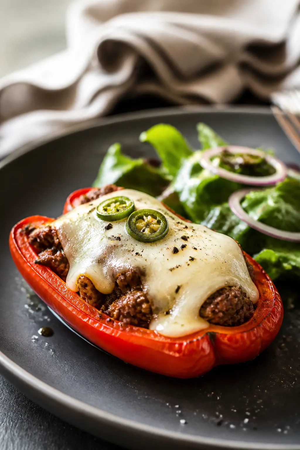 Final plated beauty shot: Single stuffed pepper half plated on a matte charcoal plate with a small s
