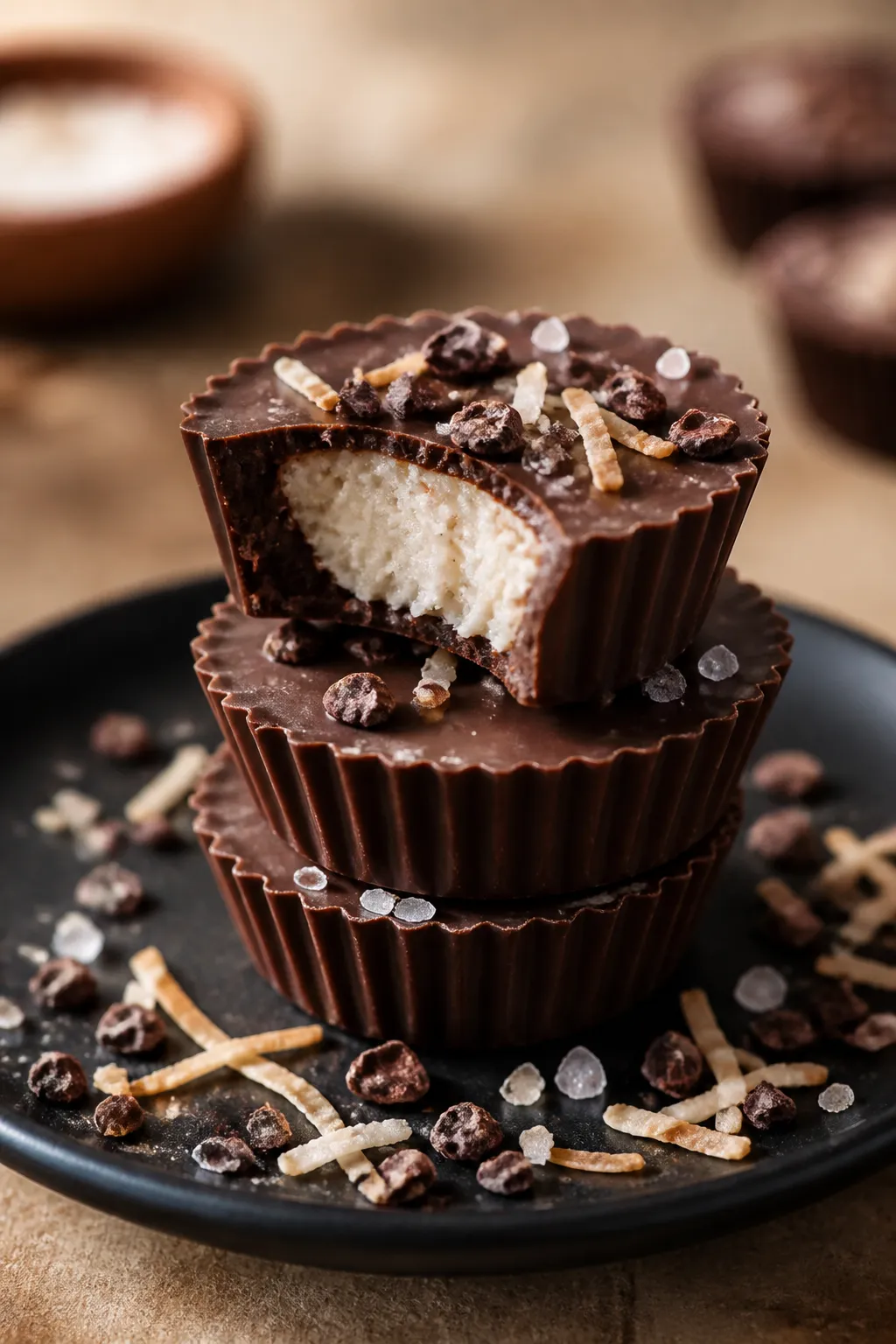 Final plated beauty shot: three Keto Chocolate Coconut Protein Cups stacked and staggered on a matte