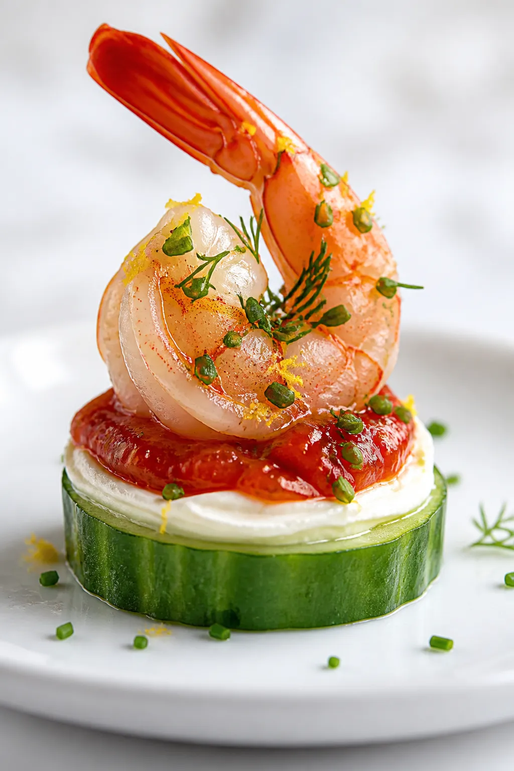 Final plated bite, macro detail: Close-up of a single Keto Shrimp Cocktail Bite assembled on a crisp