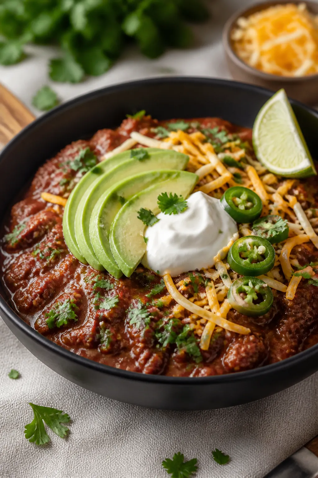 Final plated bowl: A hearty bowl of Keto Southwest Chili styled restaurant-quality—rich, brick-red