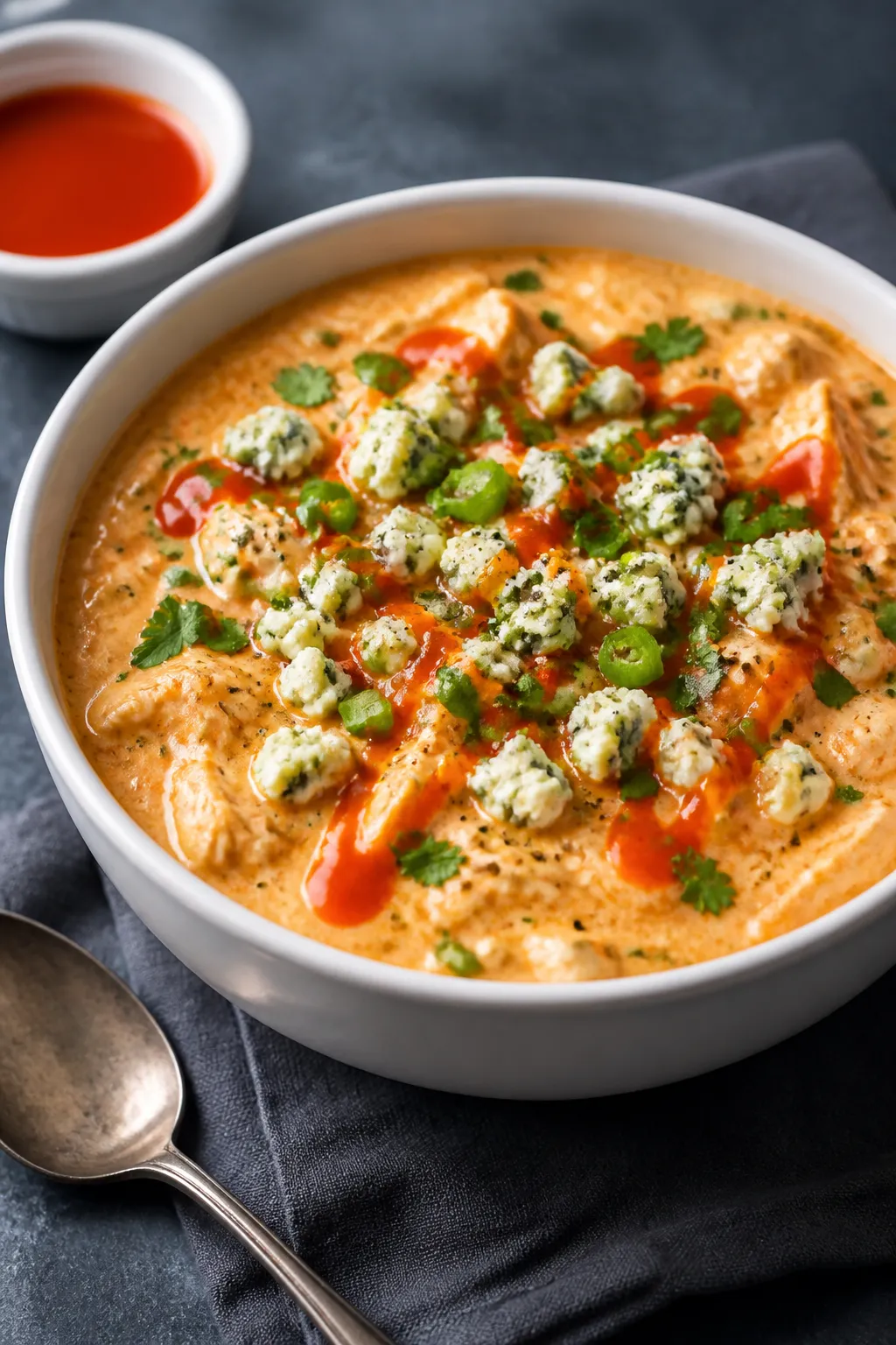 Final plated bowl, three-quarter angle: A creamy, rich bowl of Keto Buffalo Chicken Chili with a sil