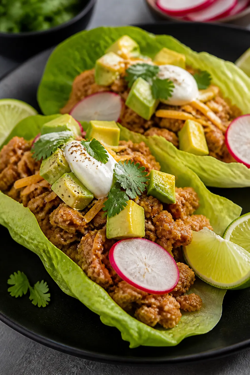 Final plated close-up: Two fully assembled keto turkey taco lettuce wraps on a matte black plate—c