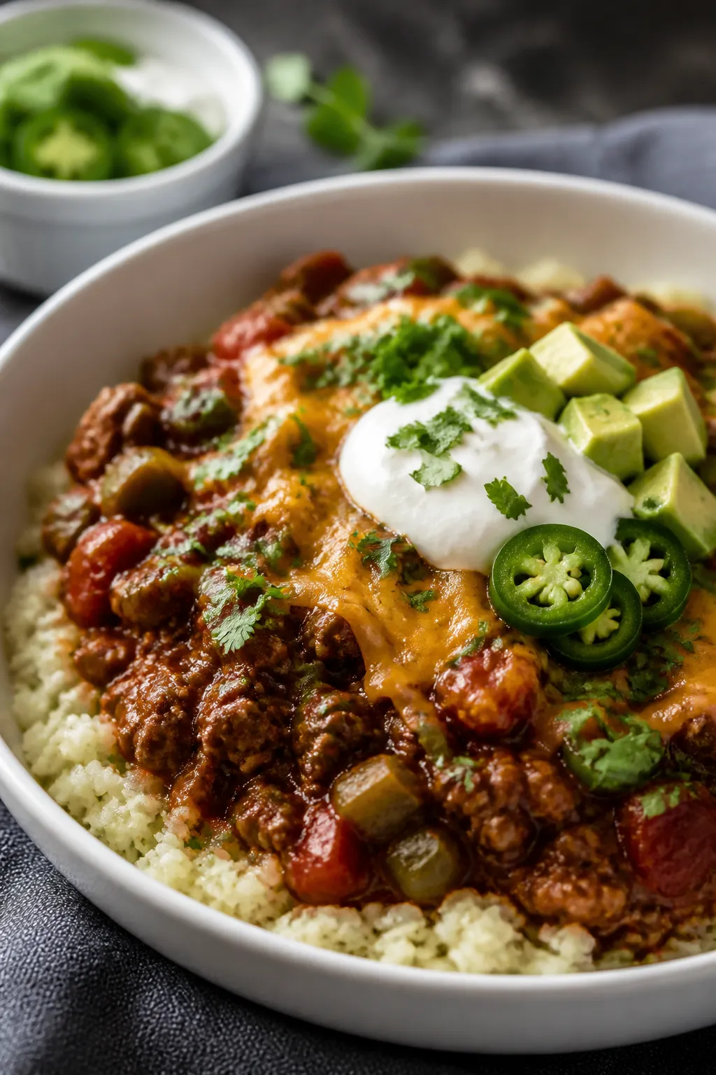 Final plated dish, : Beautifully plated bowl of keto chili over a bed of cauliflower rice, dramatic