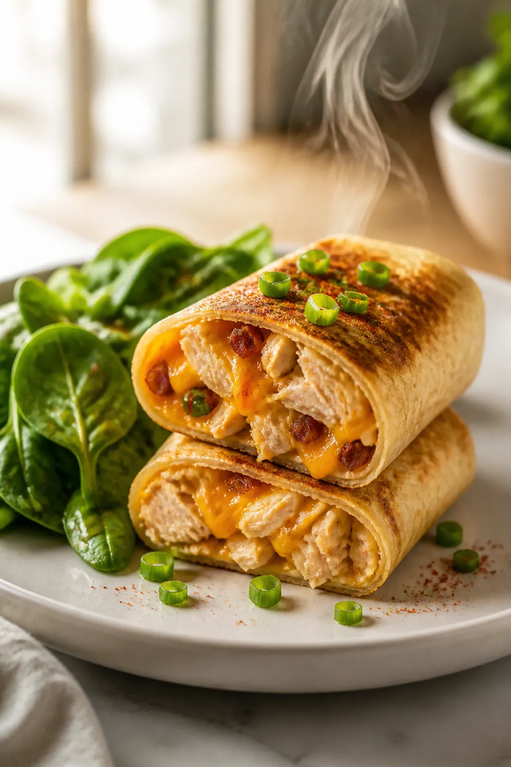 Final plated dish: Beautifully plated oven-baked Crack Chicken Roll Ups on a matte white plate, two 