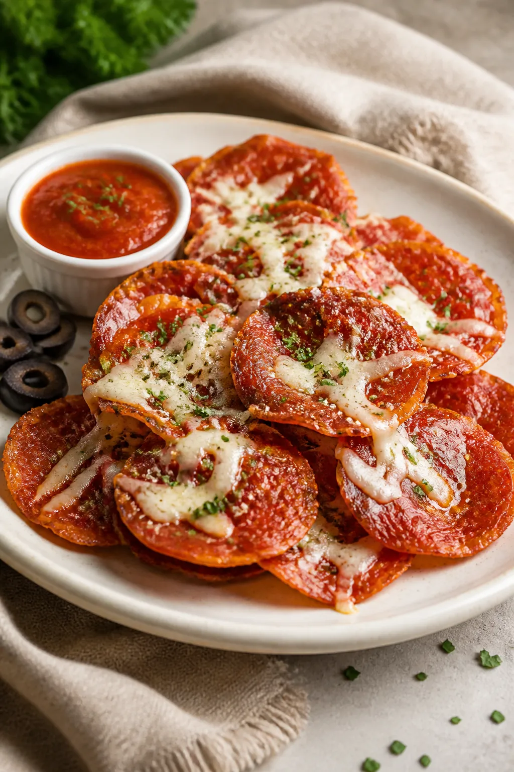 Final plated dish beauty: pepperoni “nachos” variation—golden pepperoni crisps piled on a warm