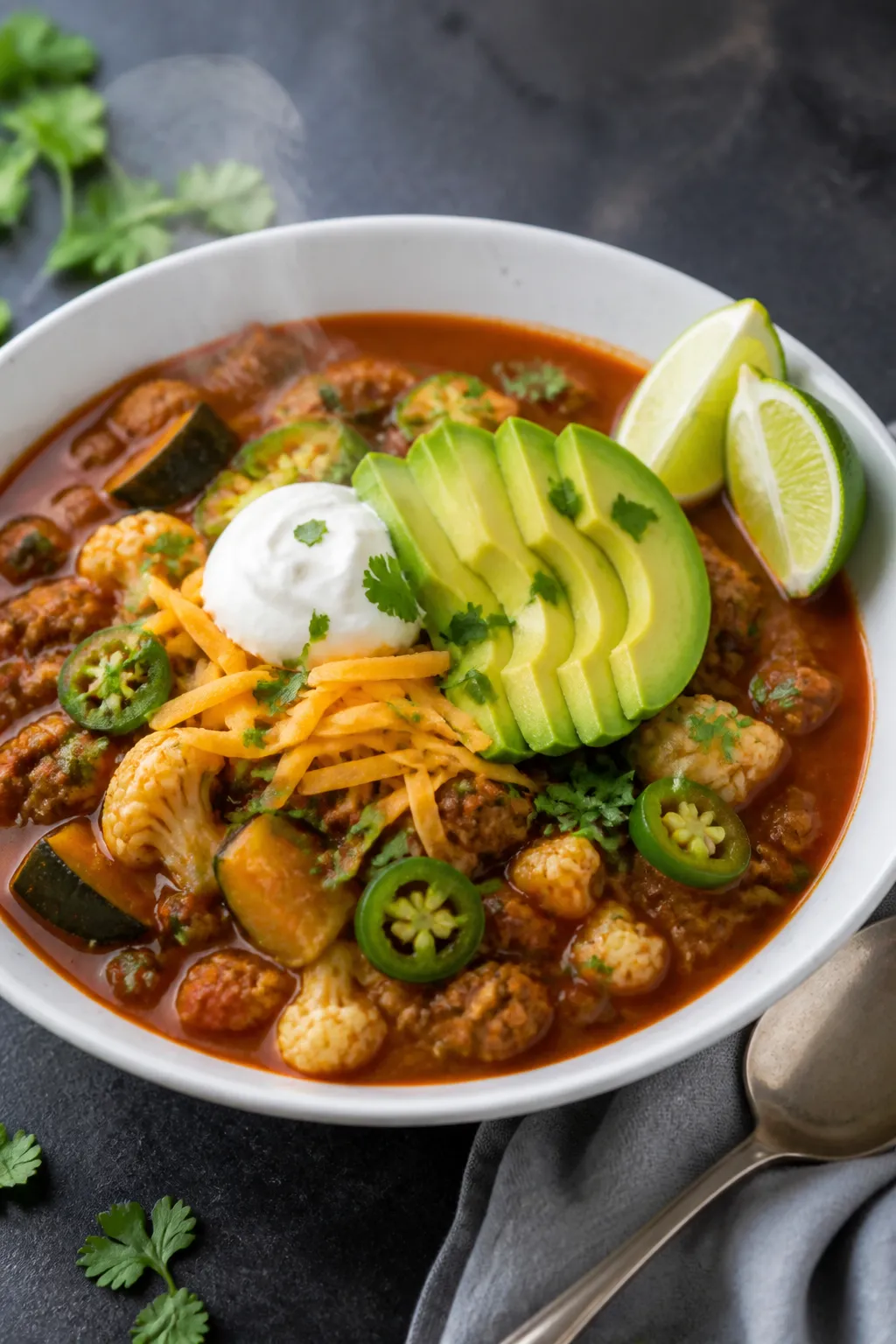 Final plated dish — Restaurant-quality bowl with garnishes: Beautifully plated keto chili in a wid