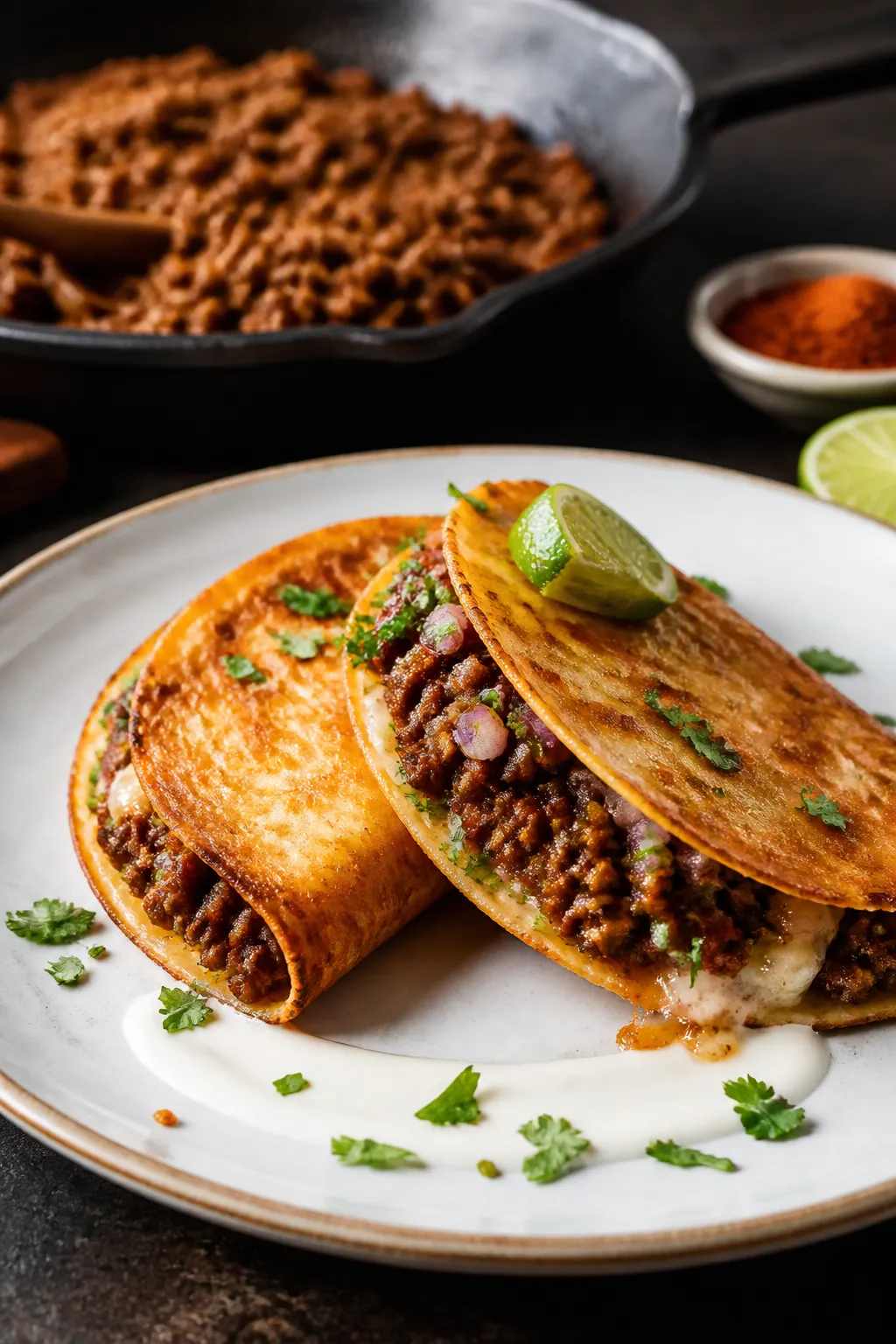 Final plated hero: Restaurant-quality presentation of two cheese shell tacos on a white ceramic plat