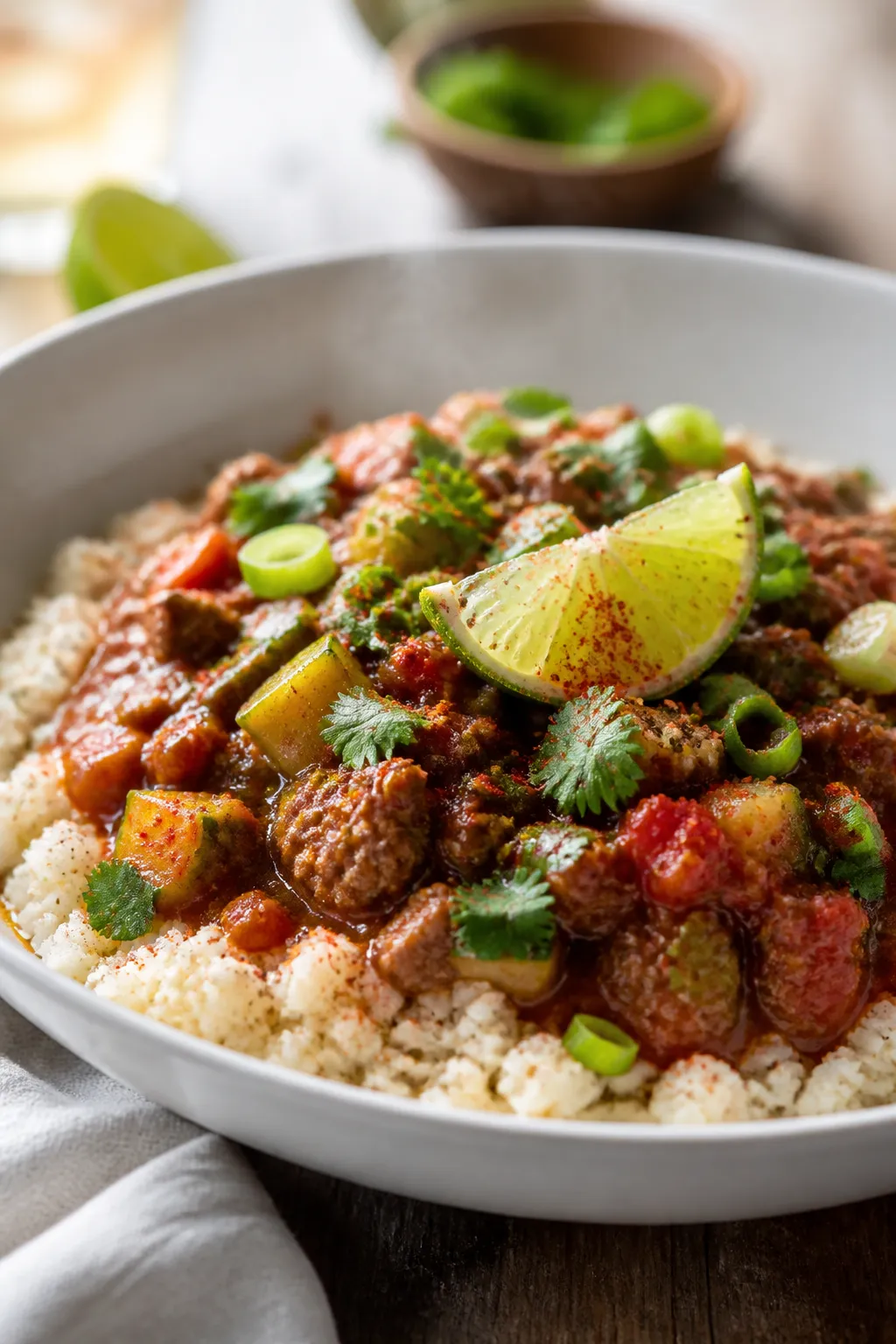 Final plated hero: Restaurant-style presentation of Keto Chili over fluffy cauliflower rice in a wid