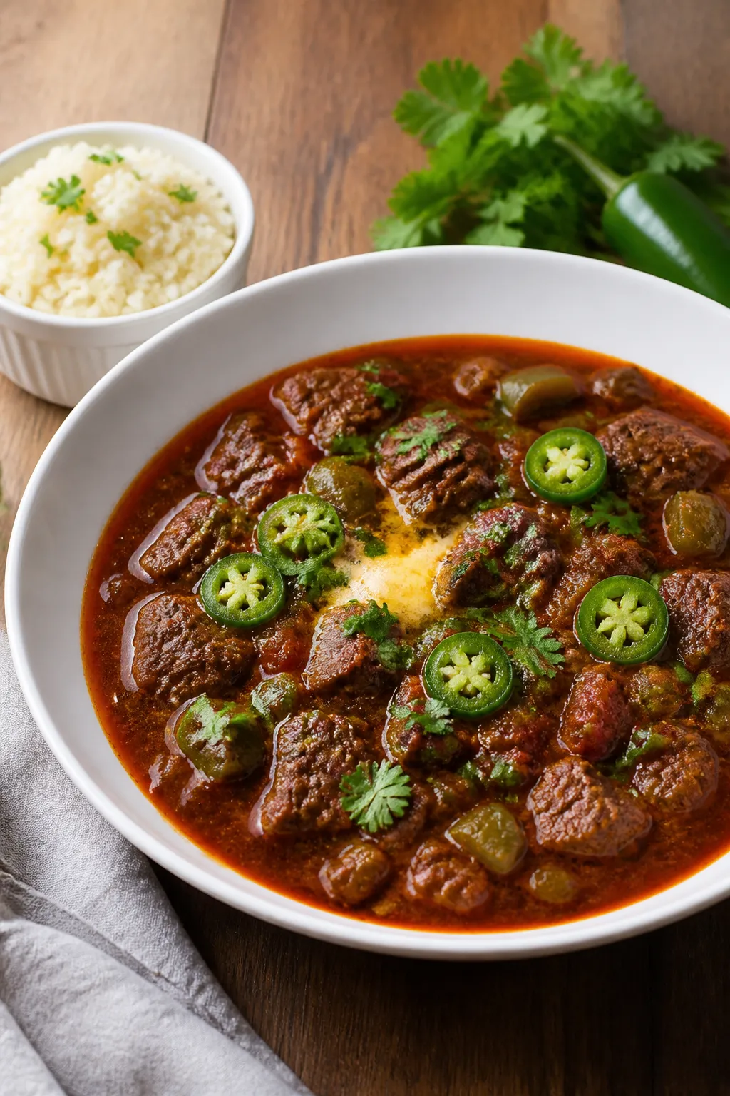 Final plated hero shot at a 45-degree angle: hearty ladleful of keto steak chili in a wide, shallow